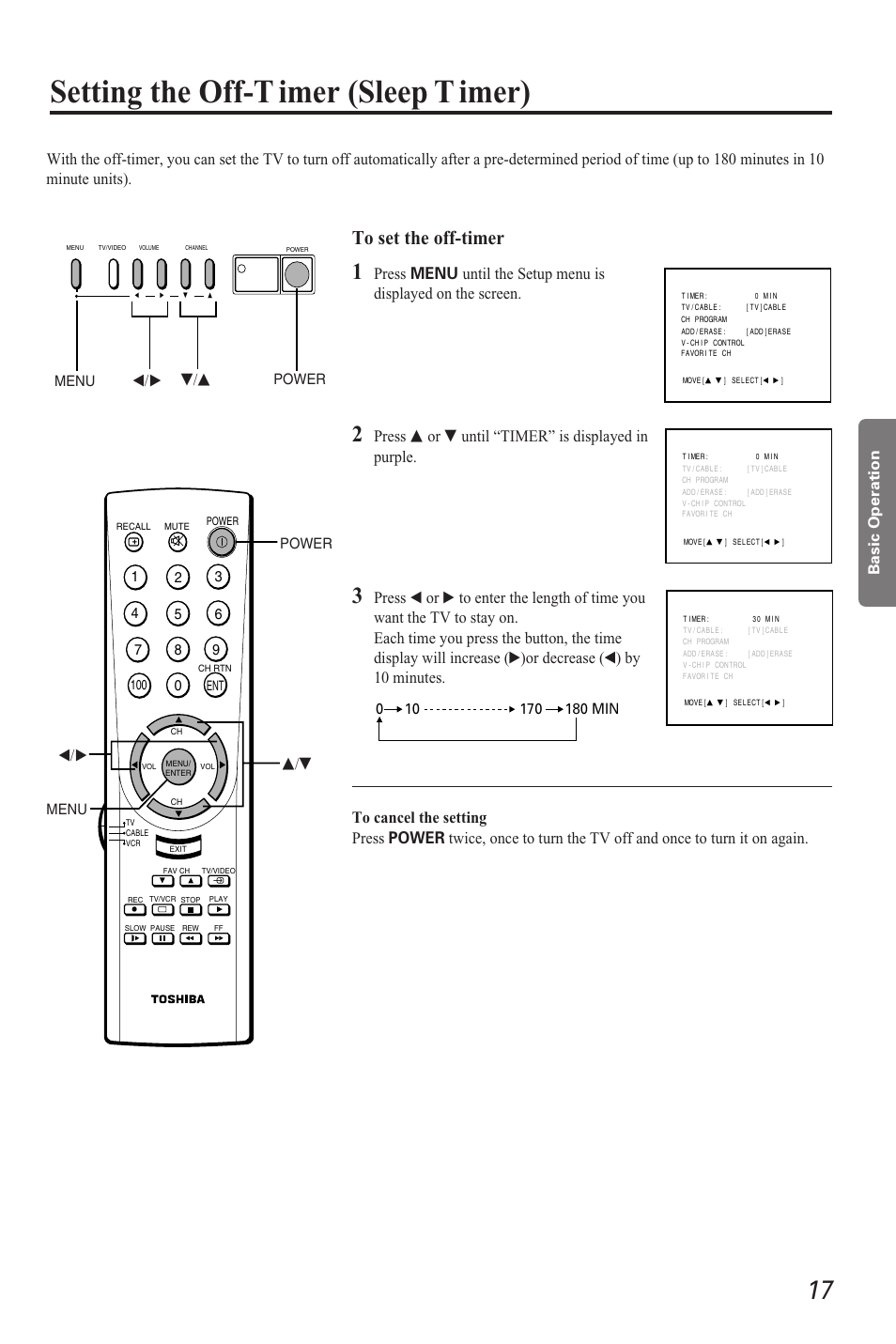 Setting the off-timer (sleep timer), Setting the off-t imer (sleep t imer), S/t t/s | Toshiba CZ 19T31 User Manual | Page 17 / 31