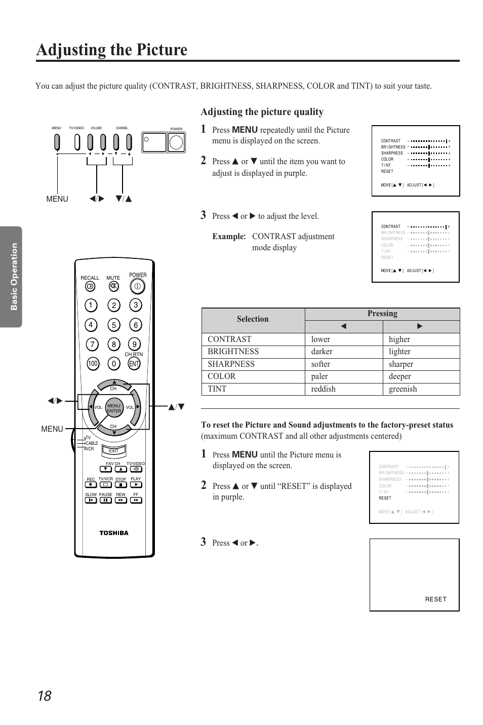 Adjusting the picture, Adjusting the picture quality, Press t or s | T/s t/s | Toshiba CZ 19T31 User Manual | Page 18 / 31