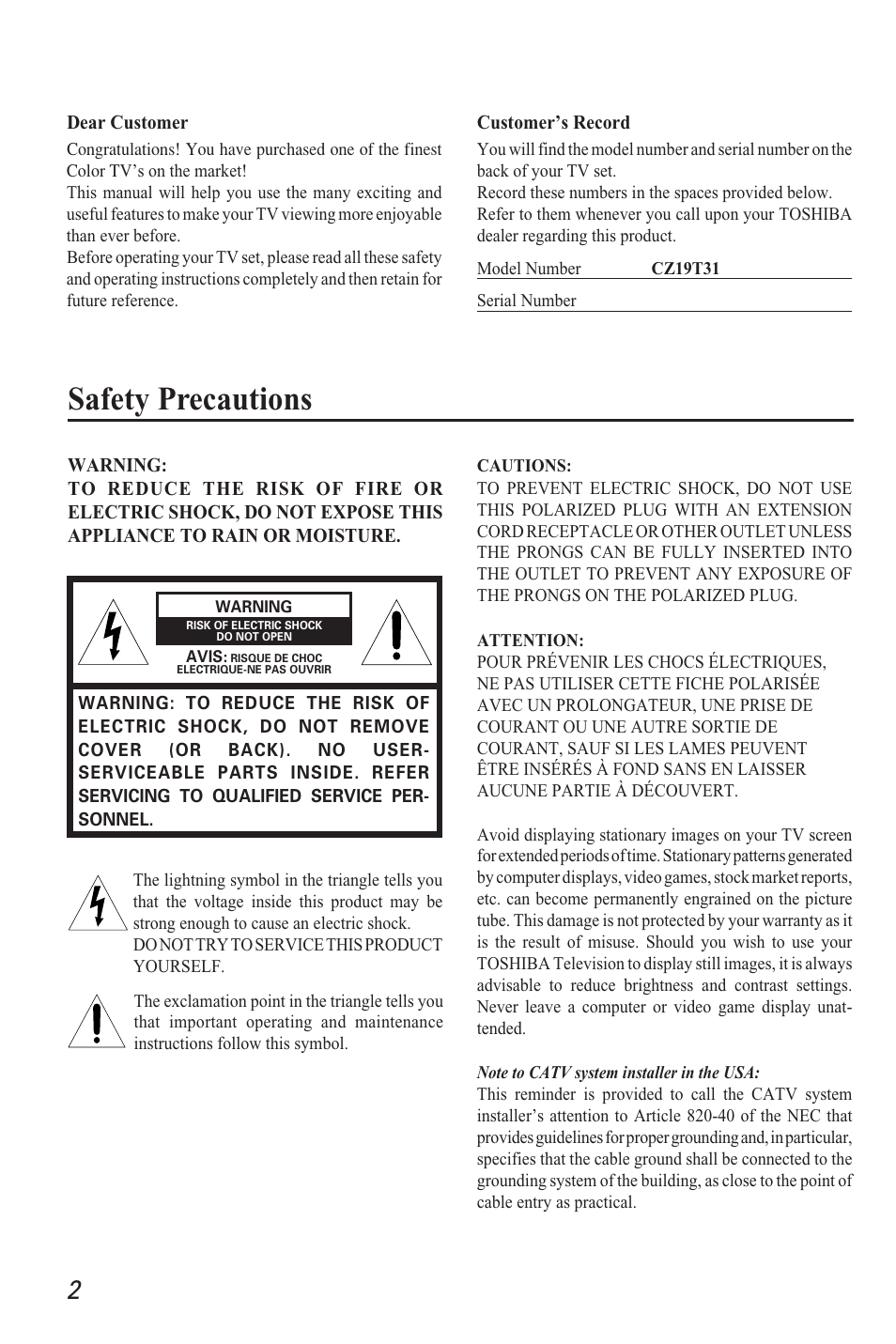 Safety precautions | Toshiba CZ 19T31 User Manual | Page 2 / 31