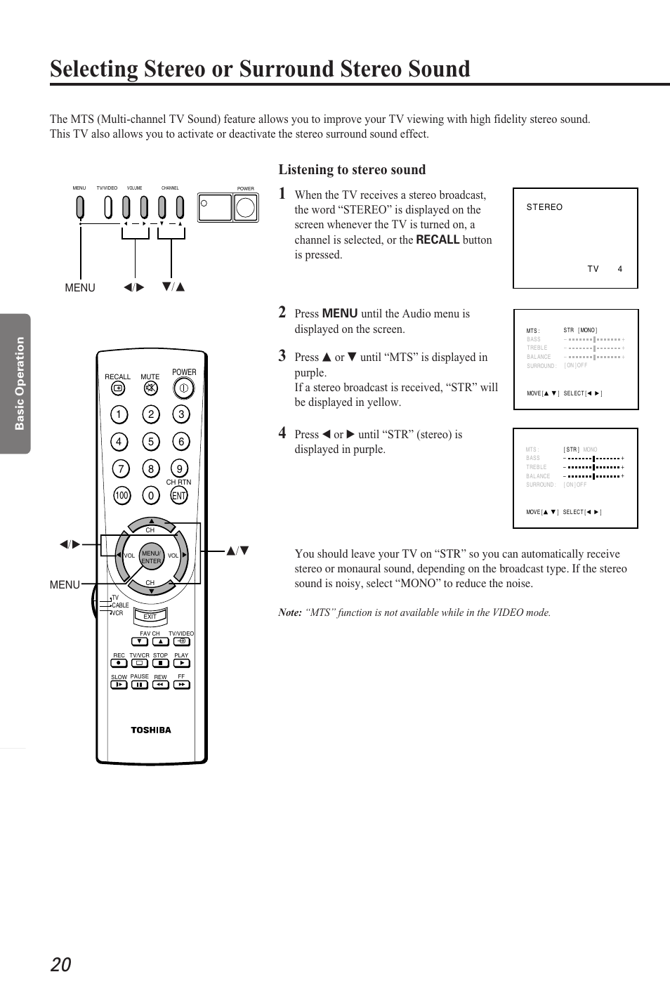 Selecting stereo or surround stereo sound, Listening to stereo sound, T/s s/t | Toshiba CZ 19T31 User Manual | Page 20 / 31