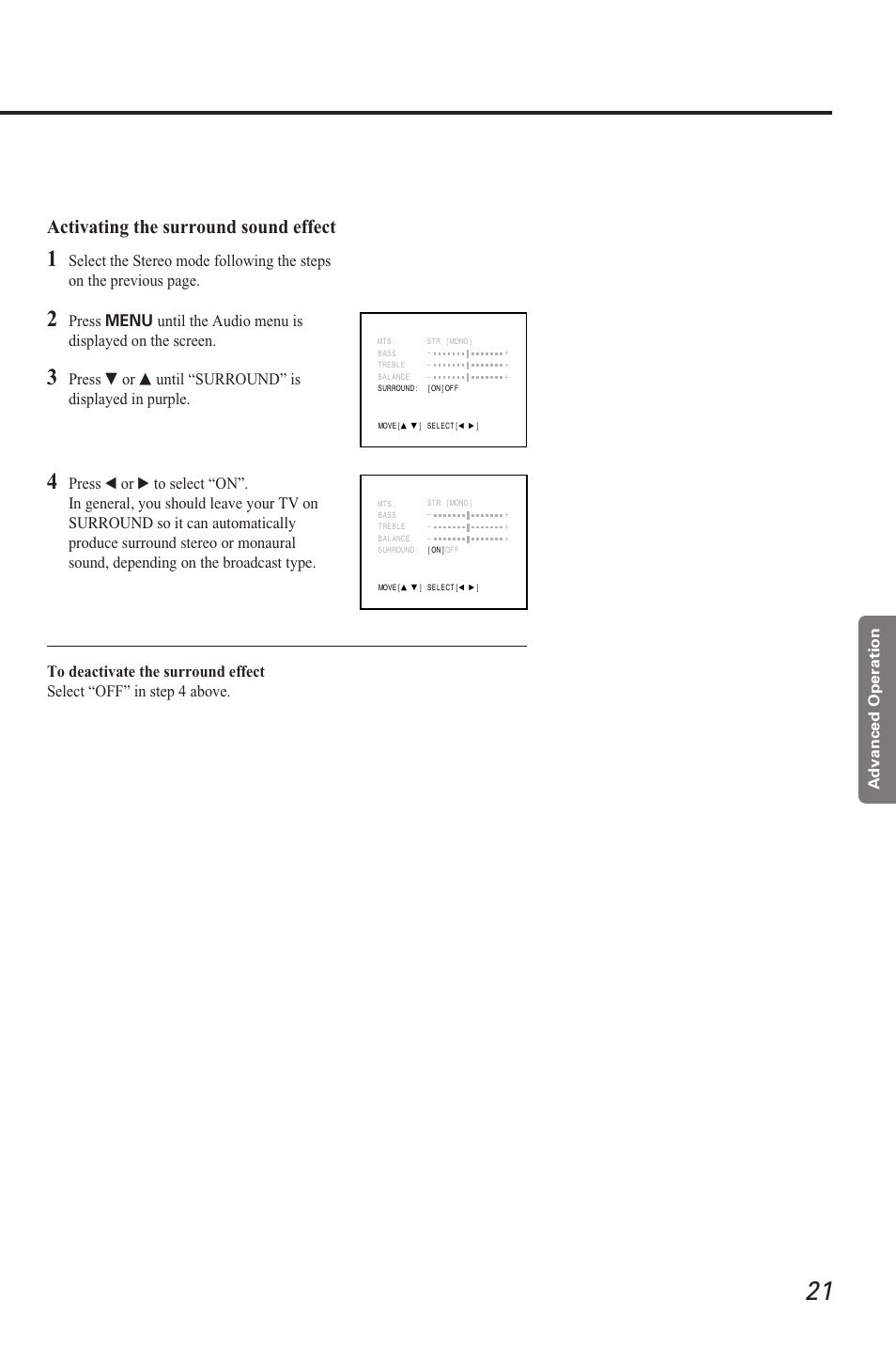Activating the surround sound effect | Toshiba CZ 19T31 User Manual | Page 21 / 31