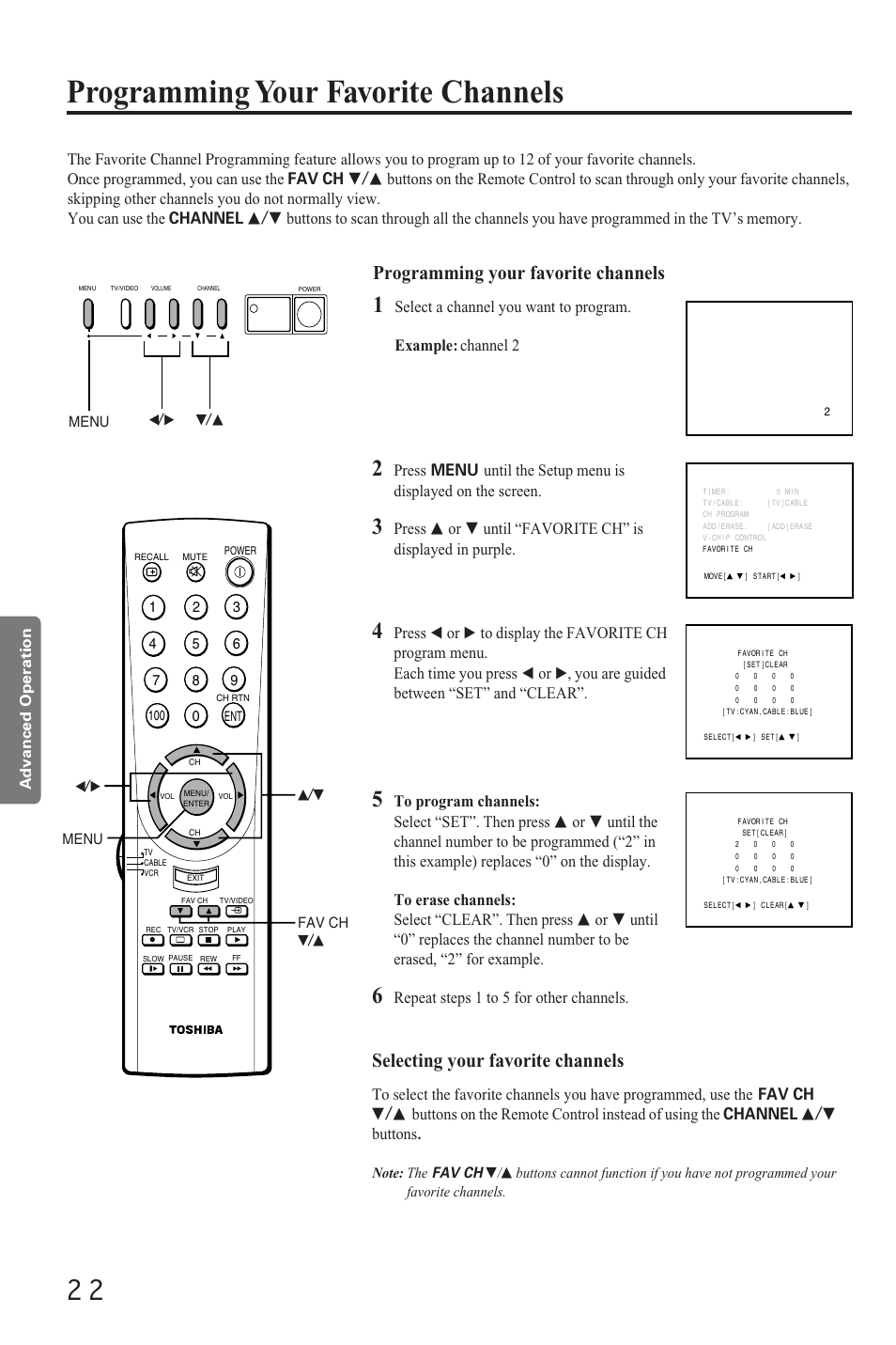 Advance operation, Programming favorite channels, Programming your favorite channels | Selecting your favorite channels, Repeat steps 1 to 5 for other channels | Toshiba CZ 19T31 User Manual | Page 22 / 31