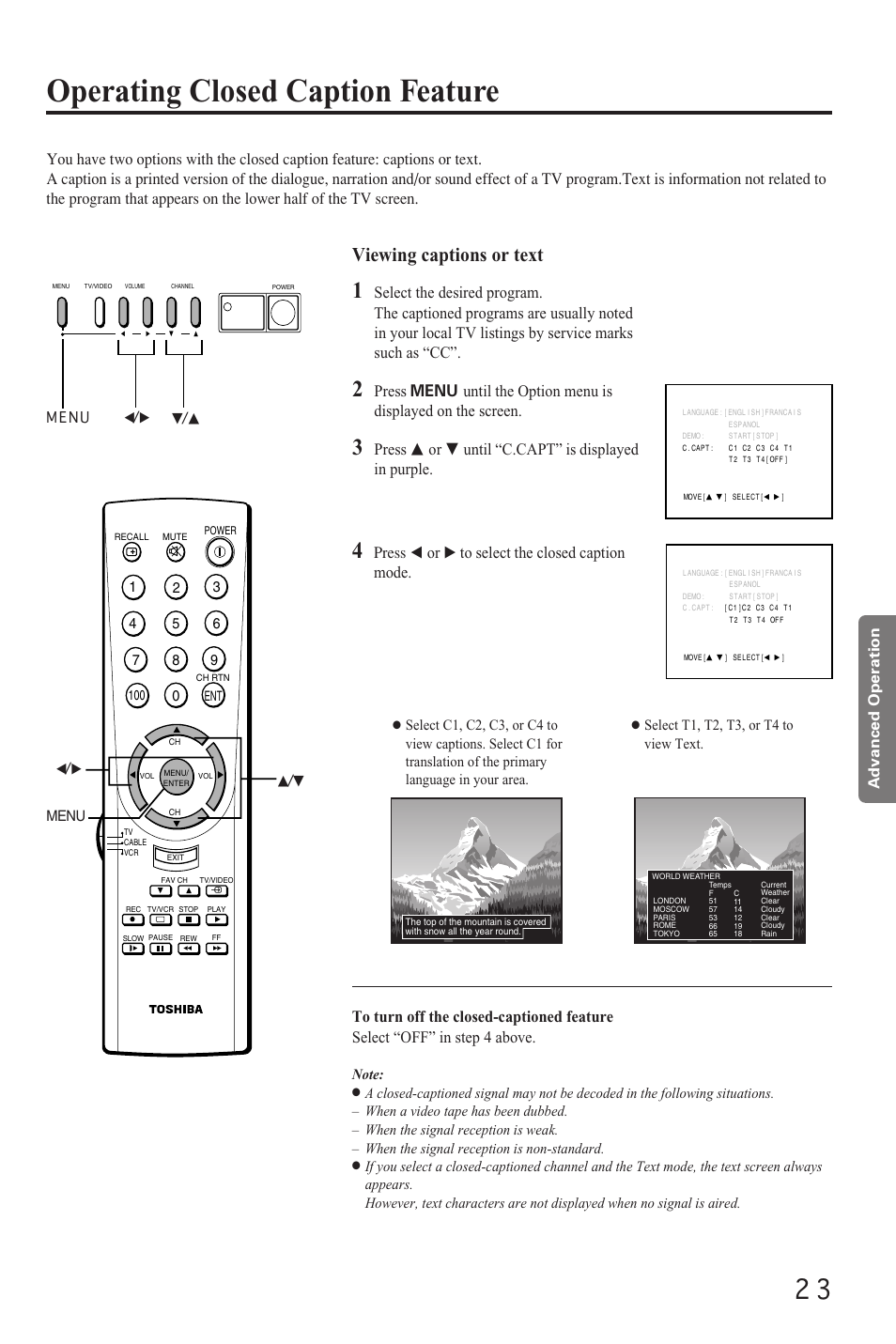 Operating closed caption, Operating closed caption feature, Viewing captions or text | Press s or t until “c.capt” is displayed in purple, Press t or s to select the closed caption mode | Toshiba CZ 19T31 User Manual | Page 23 / 31