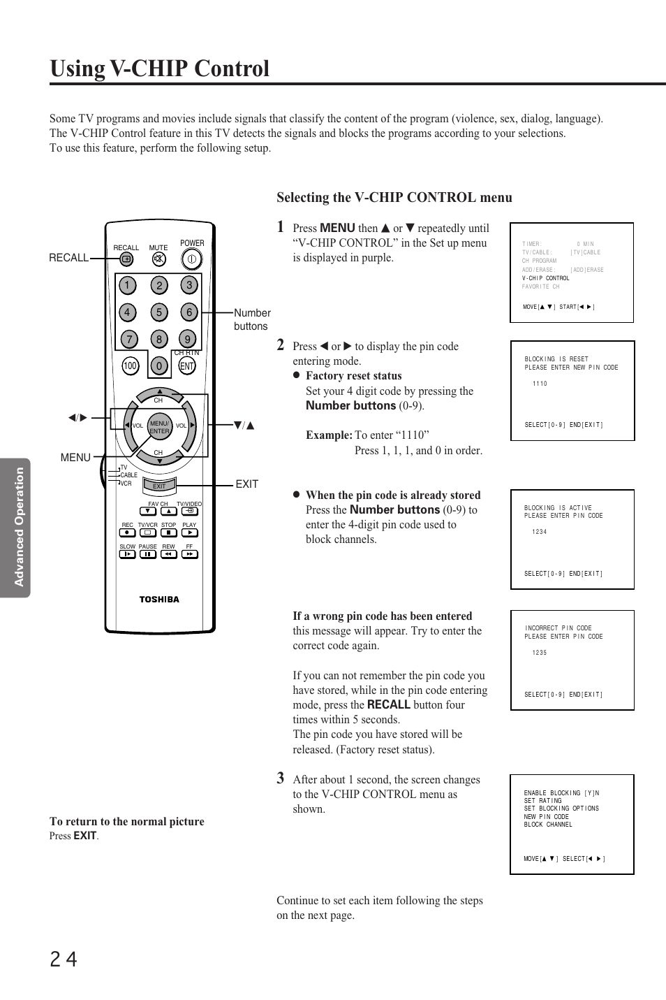 Using v-chip control, Selecting the v-chip control menu, Press t or s to display the pin code entering mode | Toshiba CZ 19T31 User Manual | Page 24 / 31