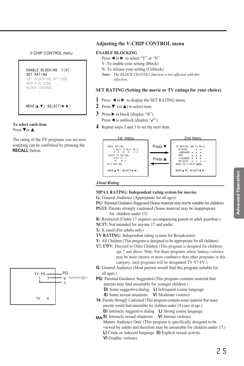 Adjusting the v-chip control menu | Toshiba CZ 19T31 User Manual | Page 25 / 31