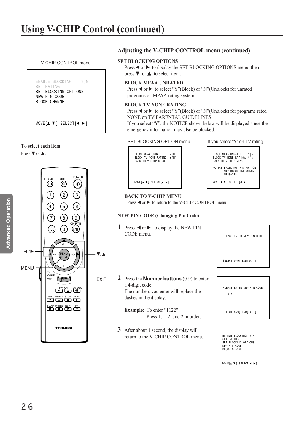 Using v-chip control (continued), Adjusting the v-chip control menu (continued) | Toshiba CZ 19T31 User Manual | Page 26 / 31
