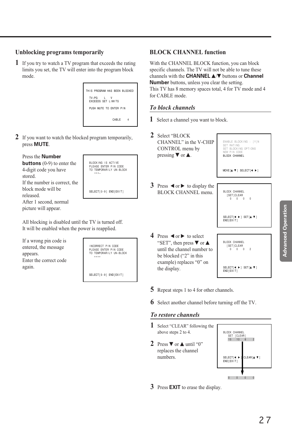 Unblocking programs temporarily, Block channel function | Toshiba CZ 19T31 User Manual | Page 27 / 31