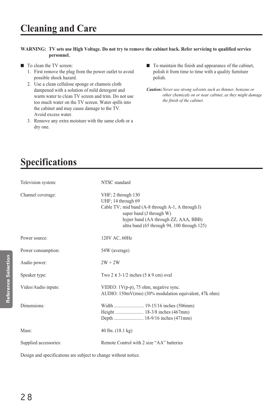 Reference section, Cleaning and care, Specifications | Toshiba CZ 19T31 User Manual | Page 28 / 31