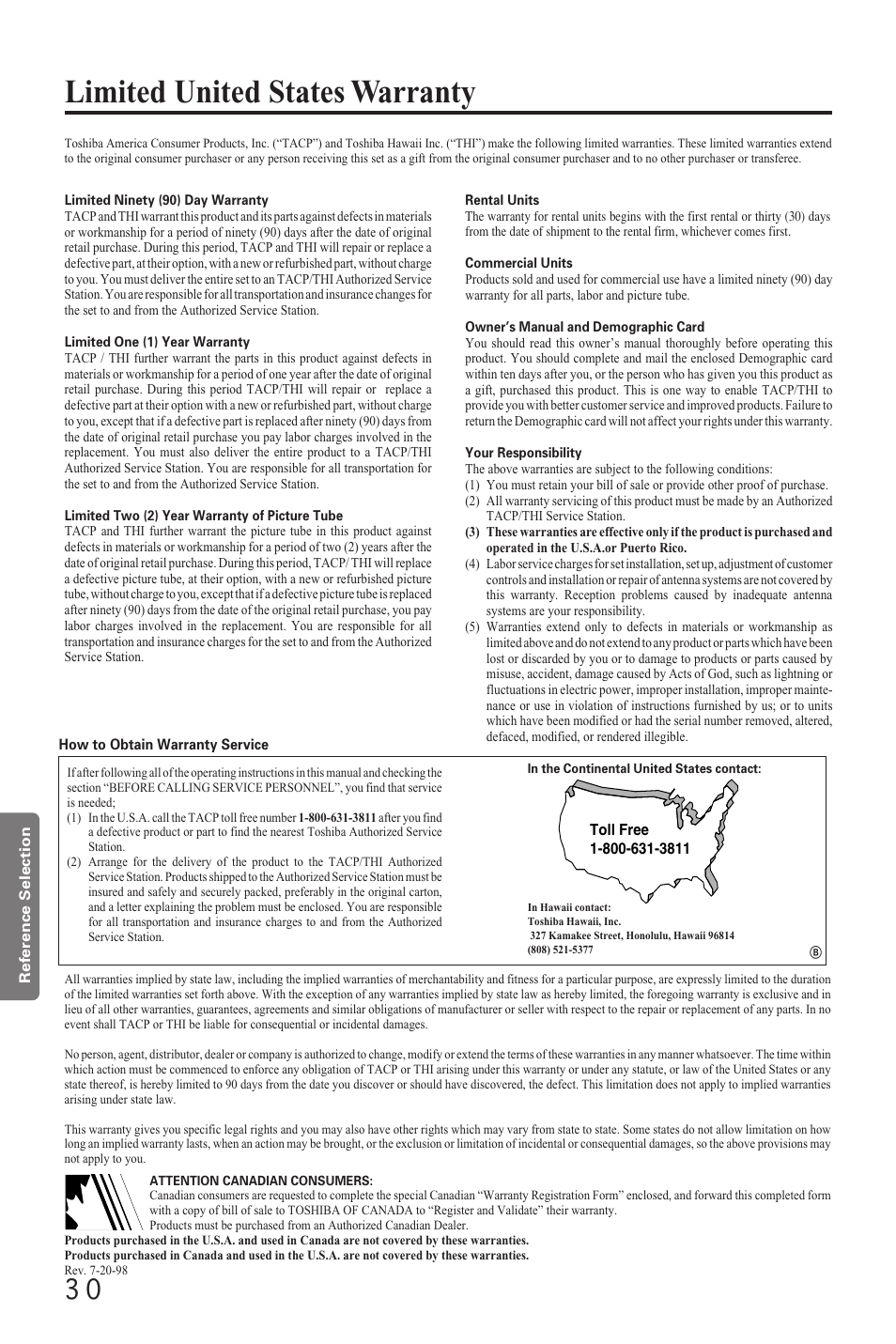 Limited warranty, Limited united states warranty | Toshiba CZ 19T31 User Manual | Page 30 / 31