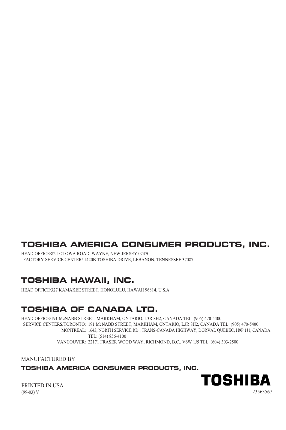 Back cover, Toshiba hawaii, inc, Toshiba of canada ltd | Toshiba america consumer products, inc | Toshiba CZ 19T31 User Manual | Page 31 / 31