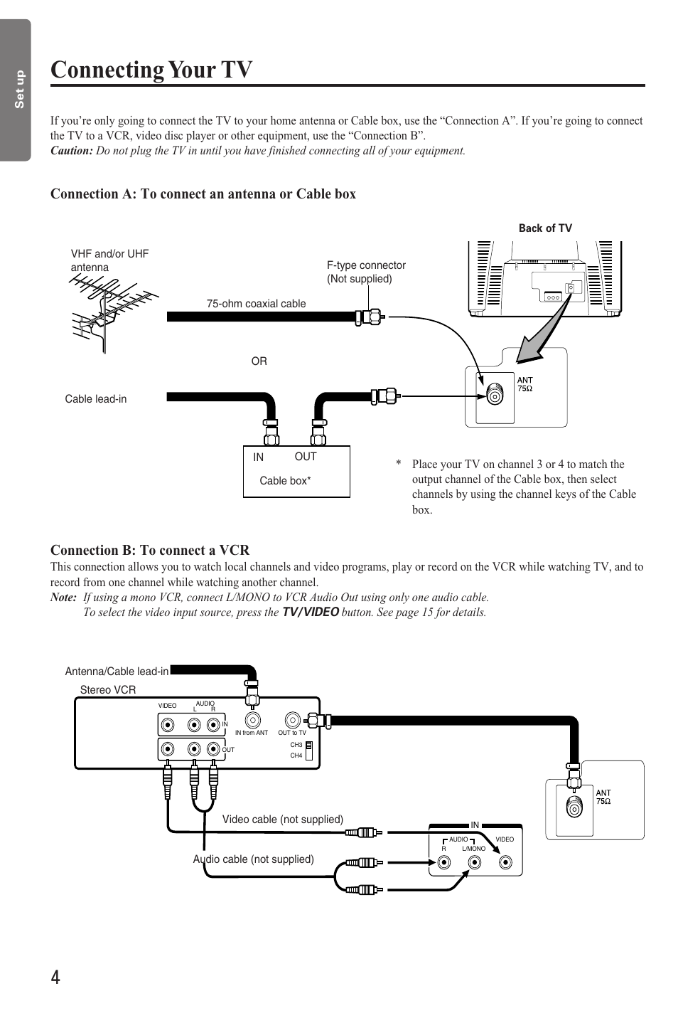 Connecting your tv, Antenna or cable box -vcr, Connection a: to connect an antenna or cable box | Connection b: to connect a vcr | Toshiba CZ 19T31 User Manual | Page 4 / 31