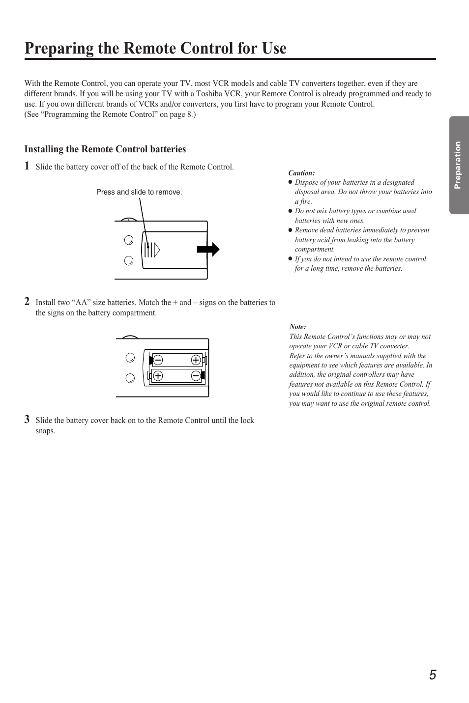 Preparation, Remote control for use, Preparing the remote control for use | Installing the remote control batteries | Toshiba CZ 19T31 User Manual | Page 5 / 31