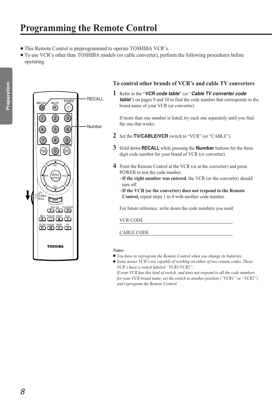 Programming remote control, Programming the remote control | Toshiba CZ 19T31 User Manual | Page 8 / 31