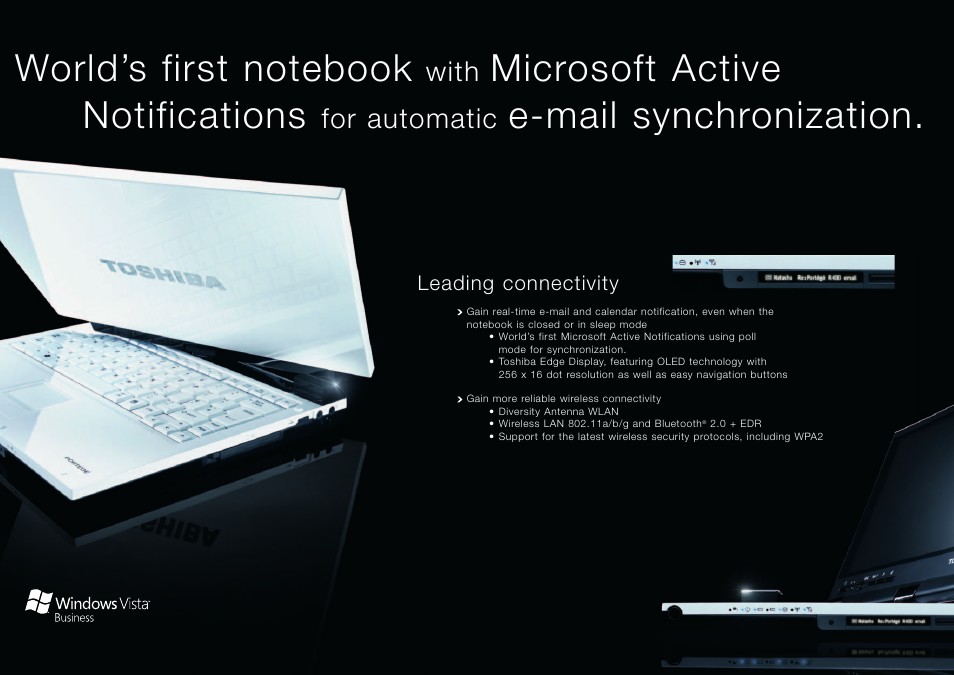 Microsoft active notifications, E-mail synchronization, With | For automatic | Toshiba R400 User Manual | Page 2 / 4