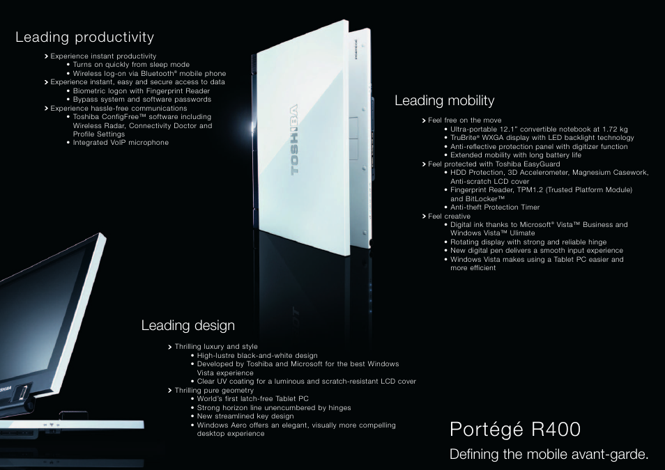 Portégé r400, Defining the mobile avant-garde, Leading productivity leading design | Leading mobility | Toshiba R400 User Manual | Page 3 / 4