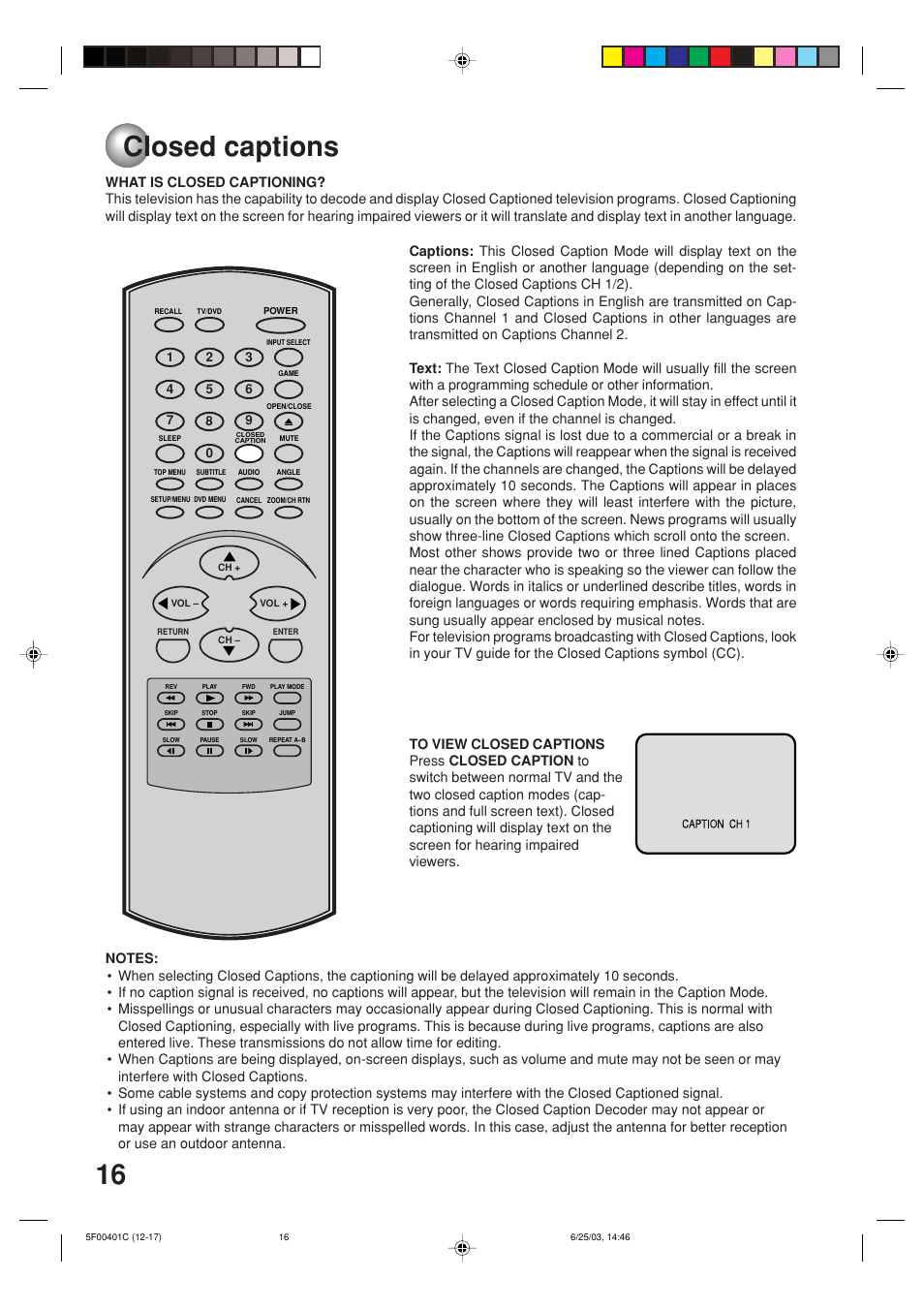 Closed captions | Toshiba MD20FN3/R User Manual | Page 16 / 48