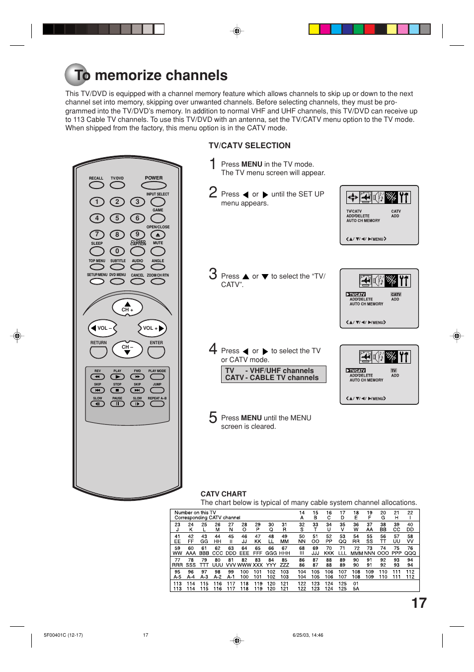 To memorize channels, Tv/catv selection | Toshiba MD20FN3/R User Manual | Page 17 / 48