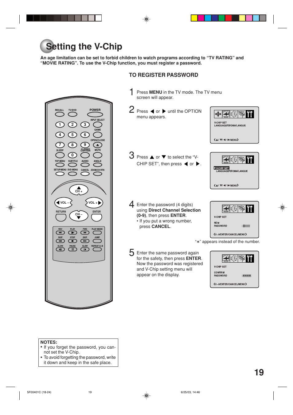 Setting the v-chip | Toshiba MD20FN3/R User Manual | Page 19 / 48