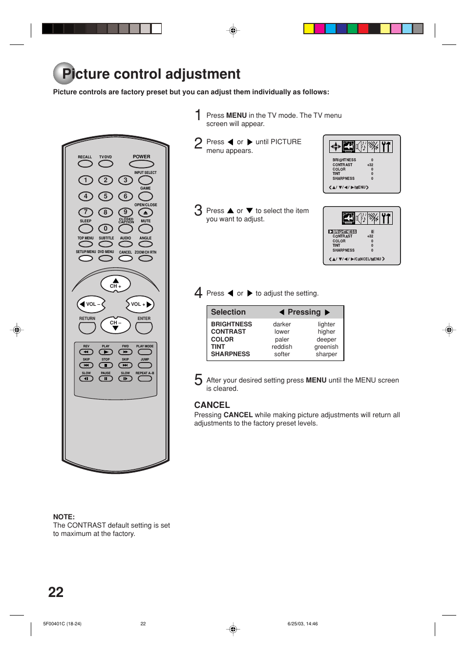Picture control adjustment, Cancel, Selection pressing | Toshiba MD20FN3/R User Manual | Page 22 / 48
