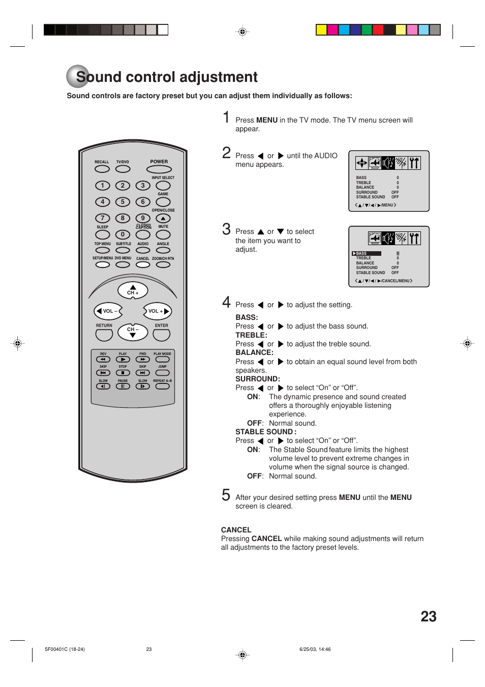 Sound control adjustment, 23 sound control adjustment | Toshiba MD20FN3/R User Manual | Page 23 / 48