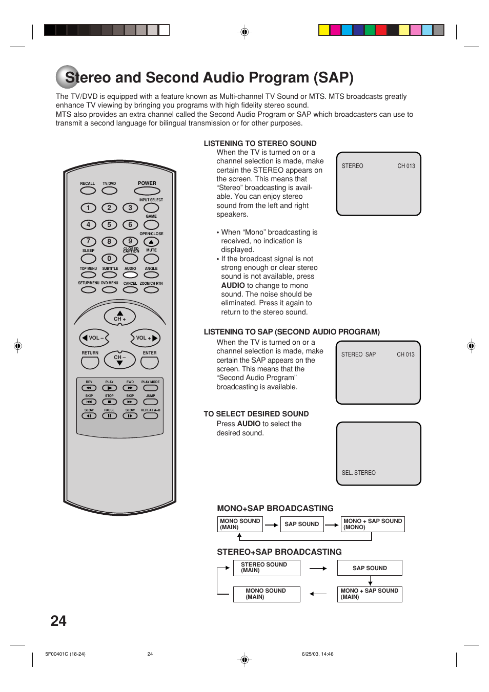 Stereo and second audio program, Stereo and second audio program (sap), Mono+sap broadcasting | Stereo+sap broadcasting, Listening to sap (second audio program) | Toshiba MD20FN3/R User Manual | Page 24 / 48
