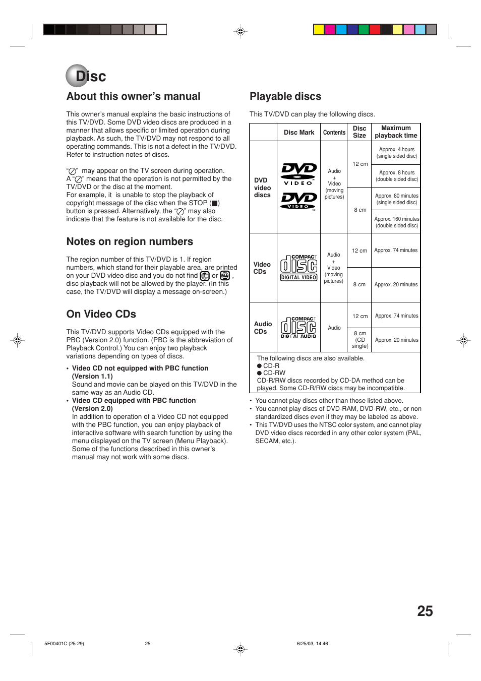 Playback operation, Disc, 25 disc | About this owner’s manual, On video cds, Playable discs | Toshiba MD20FN3/R User Manual | Page 25 / 48