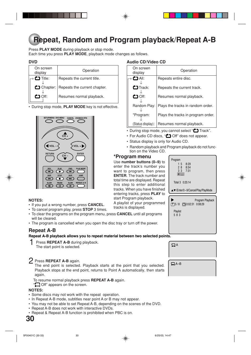 Repeat,random and program playback/repeat a-b, Repeat, random and program playback/repeat a-b, Repeat a-b | Program menu | Toshiba MD20FN3/R User Manual | Page 30 / 48