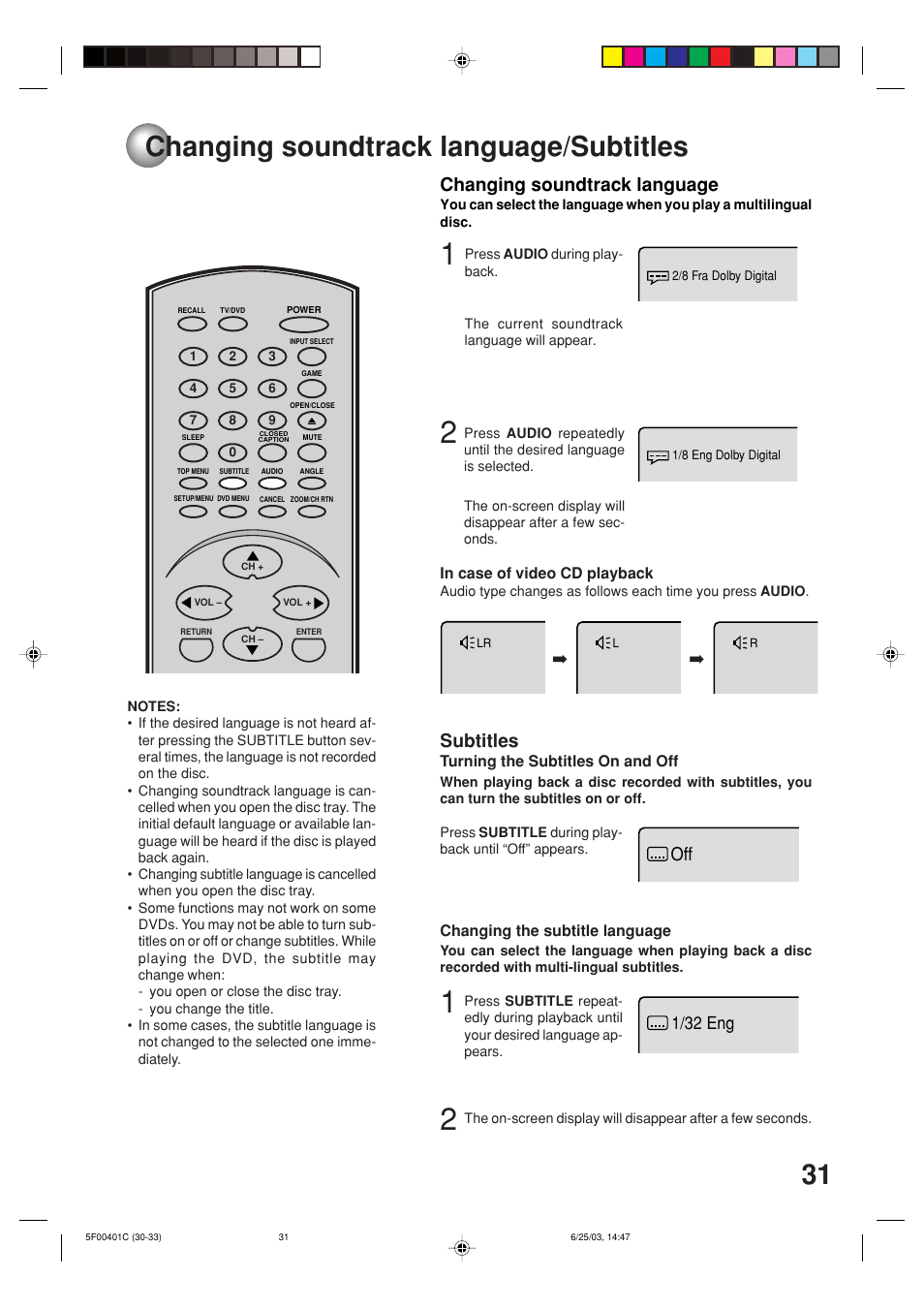 Changing soundtrack language/subtitles, Subtitles, Changing soundtrack language | 1/32 eng | Toshiba MD20FN3/R User Manual | Page 31 / 48