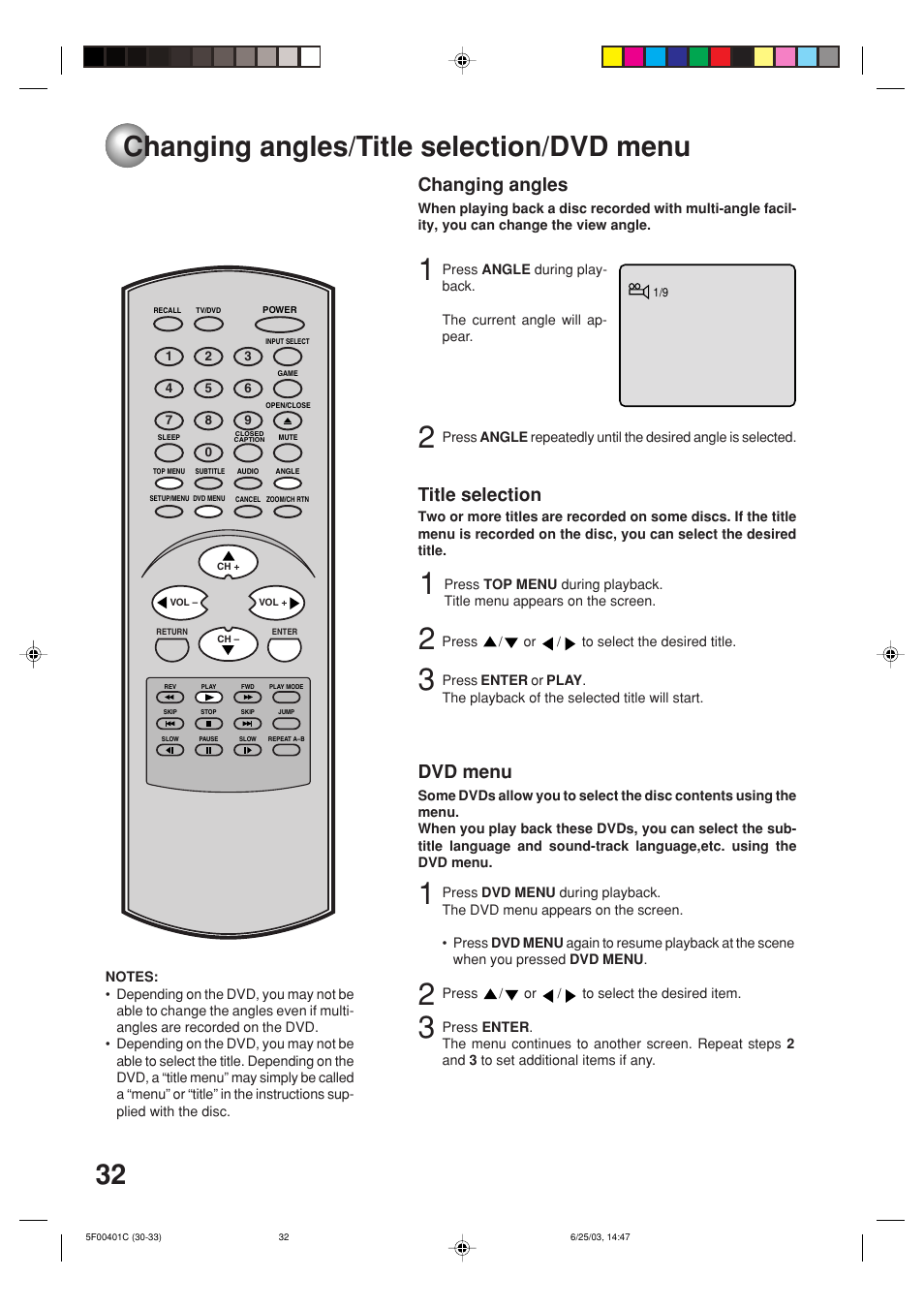 Changing angles/title selection/dvd menu, Changing angles, Title selection | Dvd menu | Toshiba MD20FN3/R User Manual | Page 32 / 48