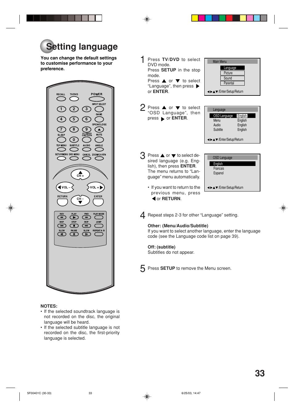 Additional information, Setting language | Toshiba MD20FN3/R User Manual | Page 33 / 48