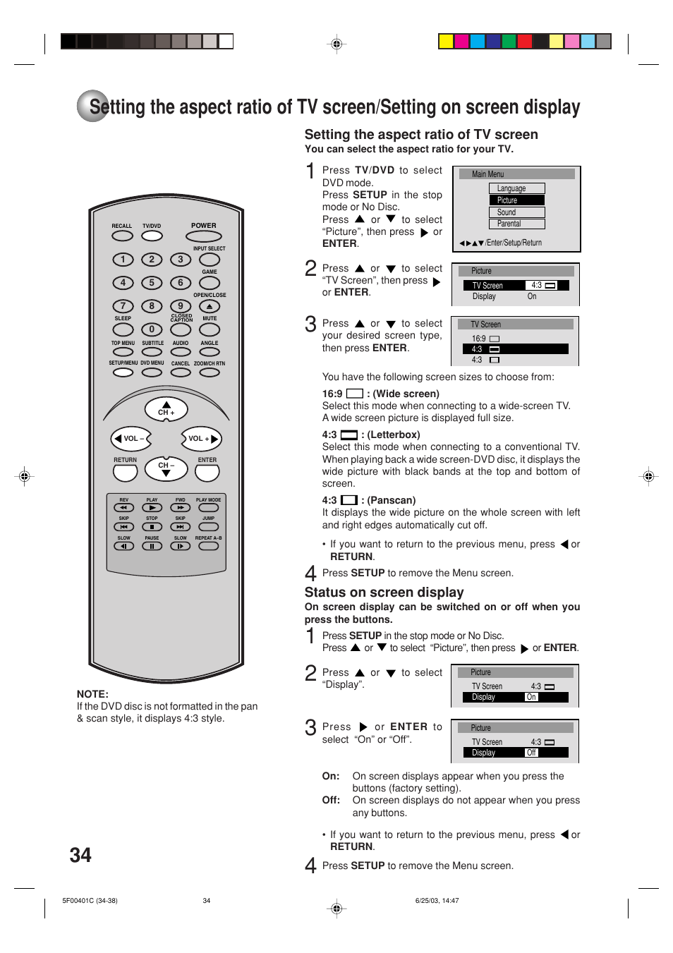 Setting the aspect ratio of tv screen, Status on screen display | Toshiba MD20FN3/R User Manual | Page 34 / 48