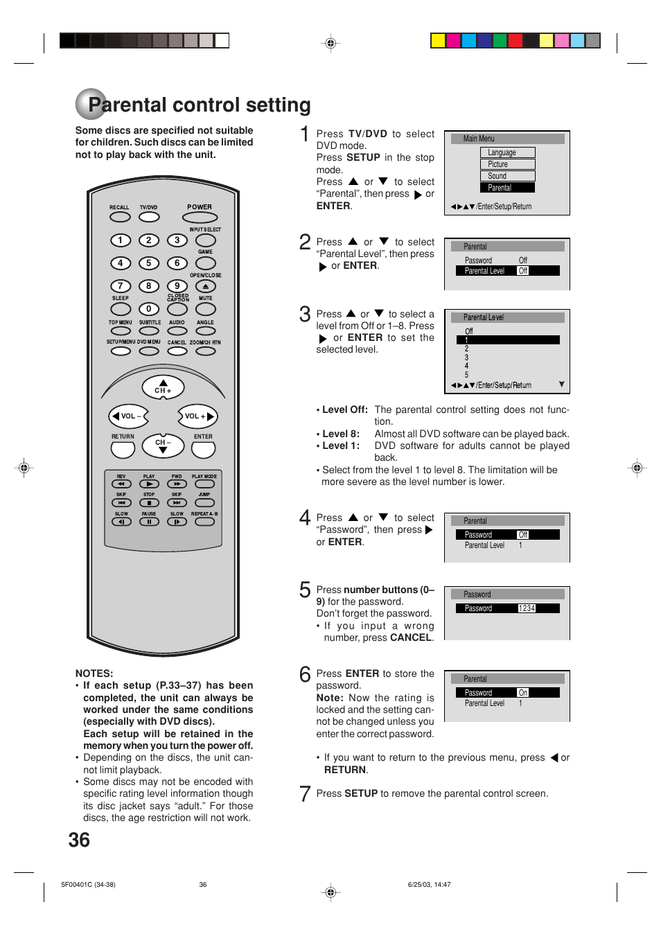 Parental control setting | Toshiba MD20FN3/R User Manual | Page 36 / 48