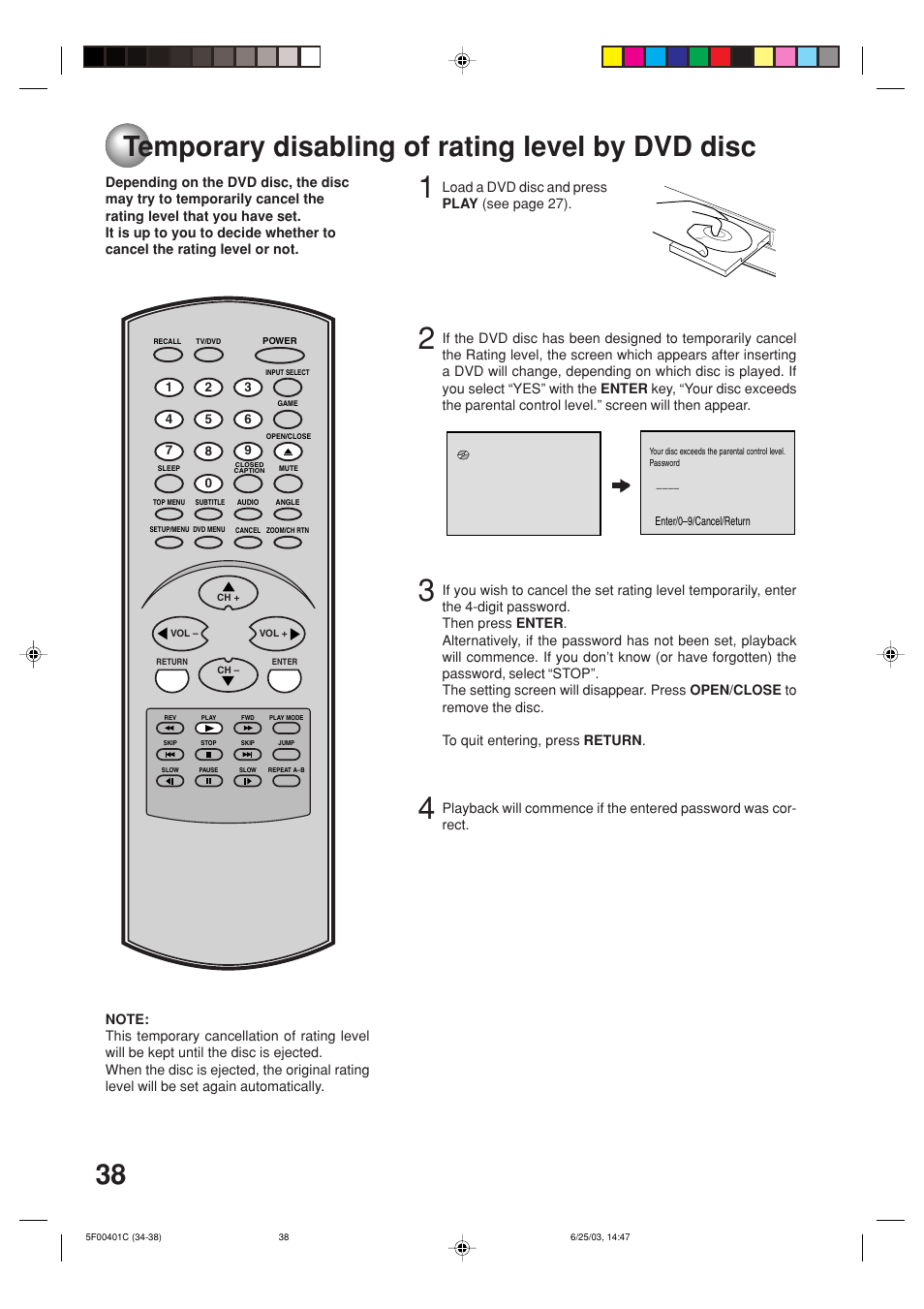Temporary disabling of rating level by dvd disc | Toshiba MD20FN3/R User Manual | Page 38 / 48