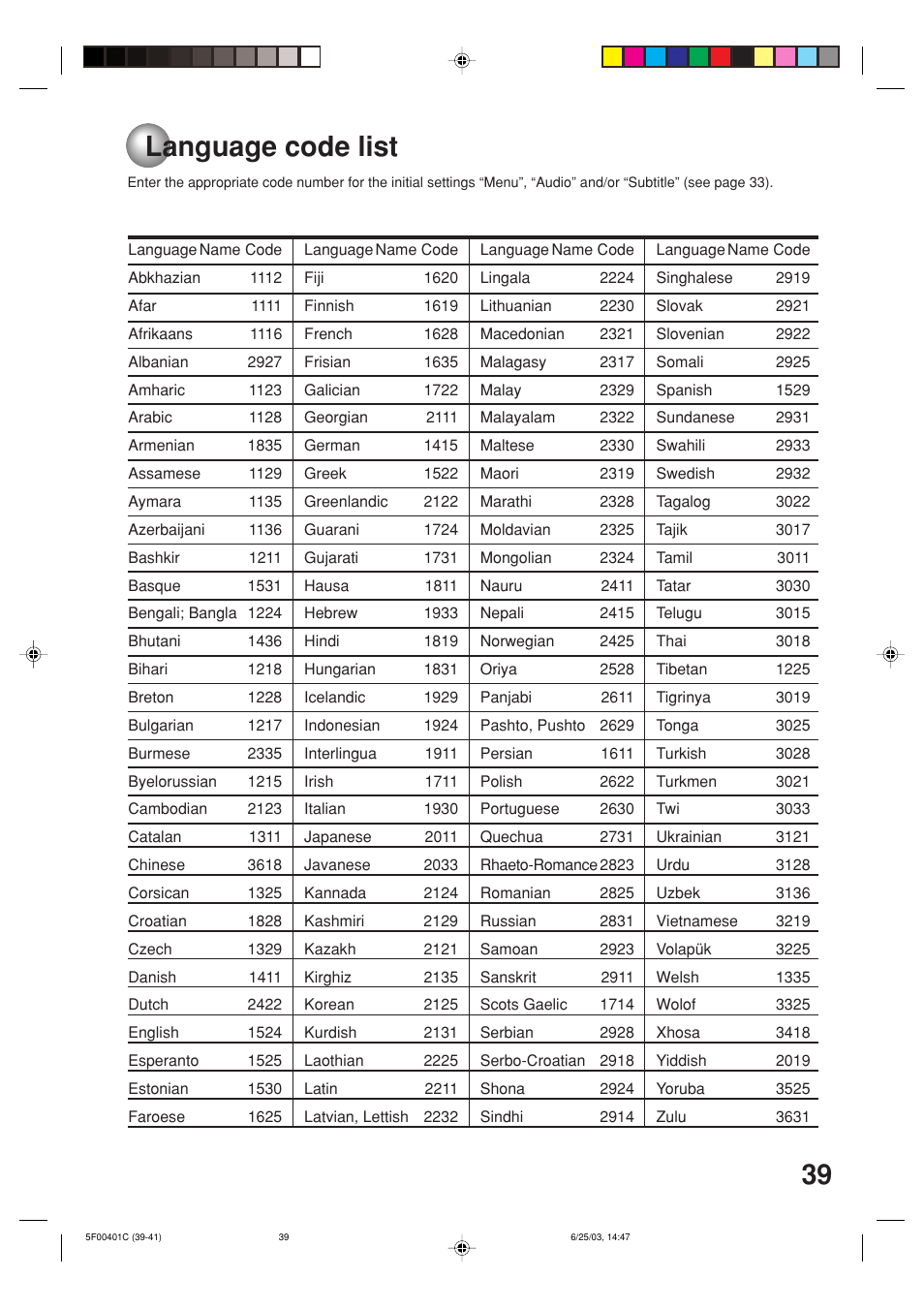 Language code list, 39 language code list | Toshiba MD20FN3/R User Manual | Page 39 / 48