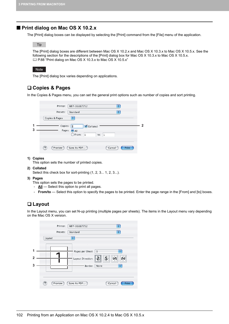 Print dialog on mac os x 10.2.x, Layout, P.102 “print dialog on mac os x 10.2.x | Copies & pages | Toshiba 255 User Manual | Page 104 / 168