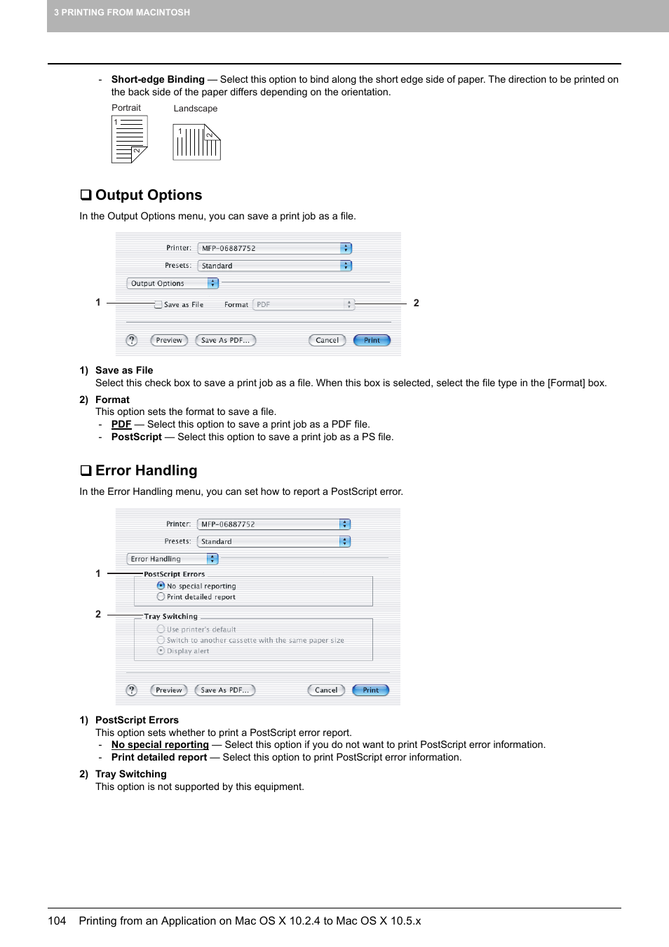 Output options, Error handling | Toshiba 255 User Manual | Page 106 / 168