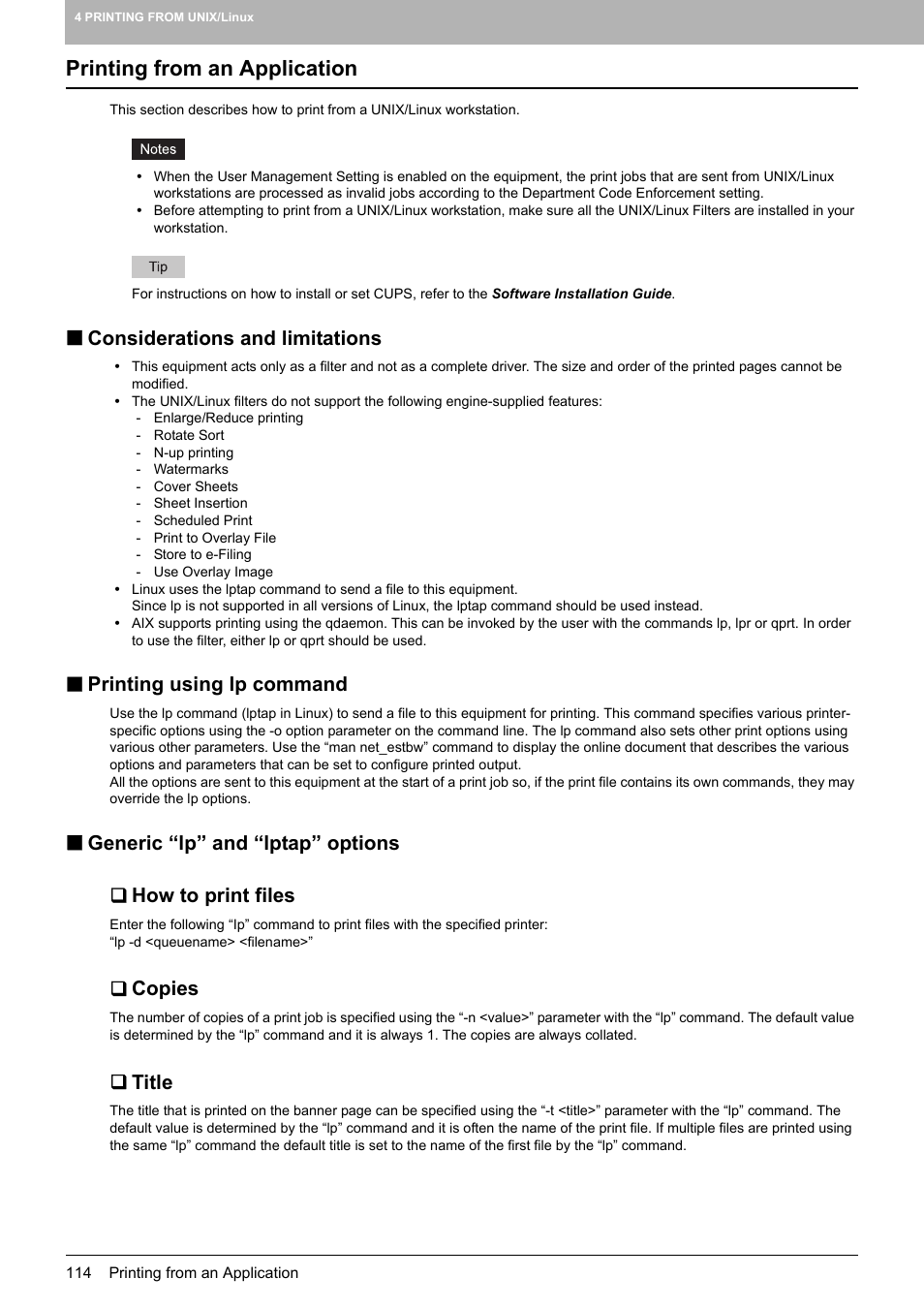 Printing from an application, Considerations and limitations, Printing using lp command | Generic “lp” and “lptap” options, How to print files, Copies, Title | Toshiba 255 User Manual | Page 116 / 168