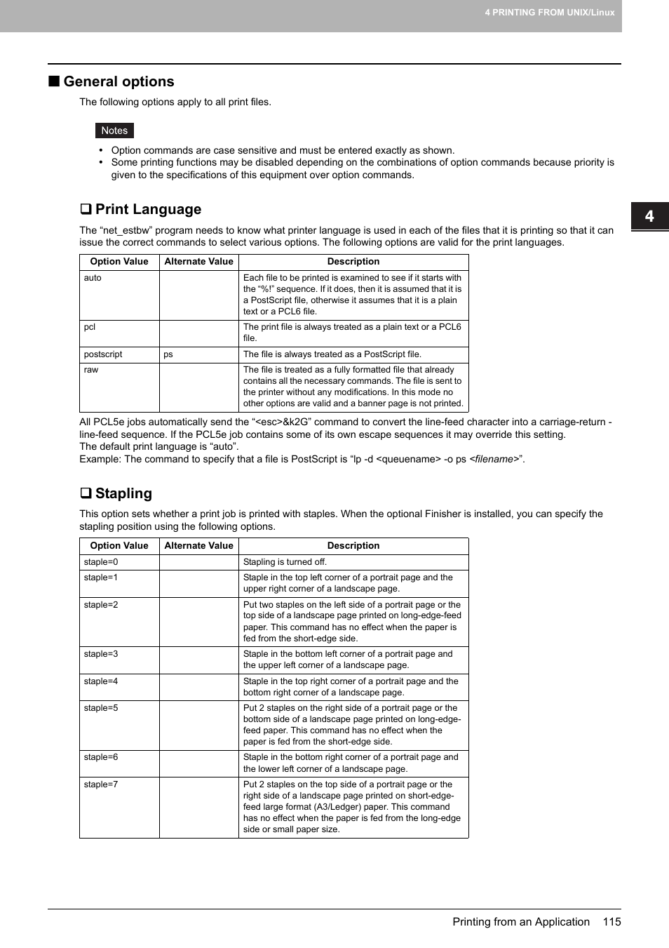 General options, Print language, Stapling | Toshiba 255 User Manual | Page 117 / 168