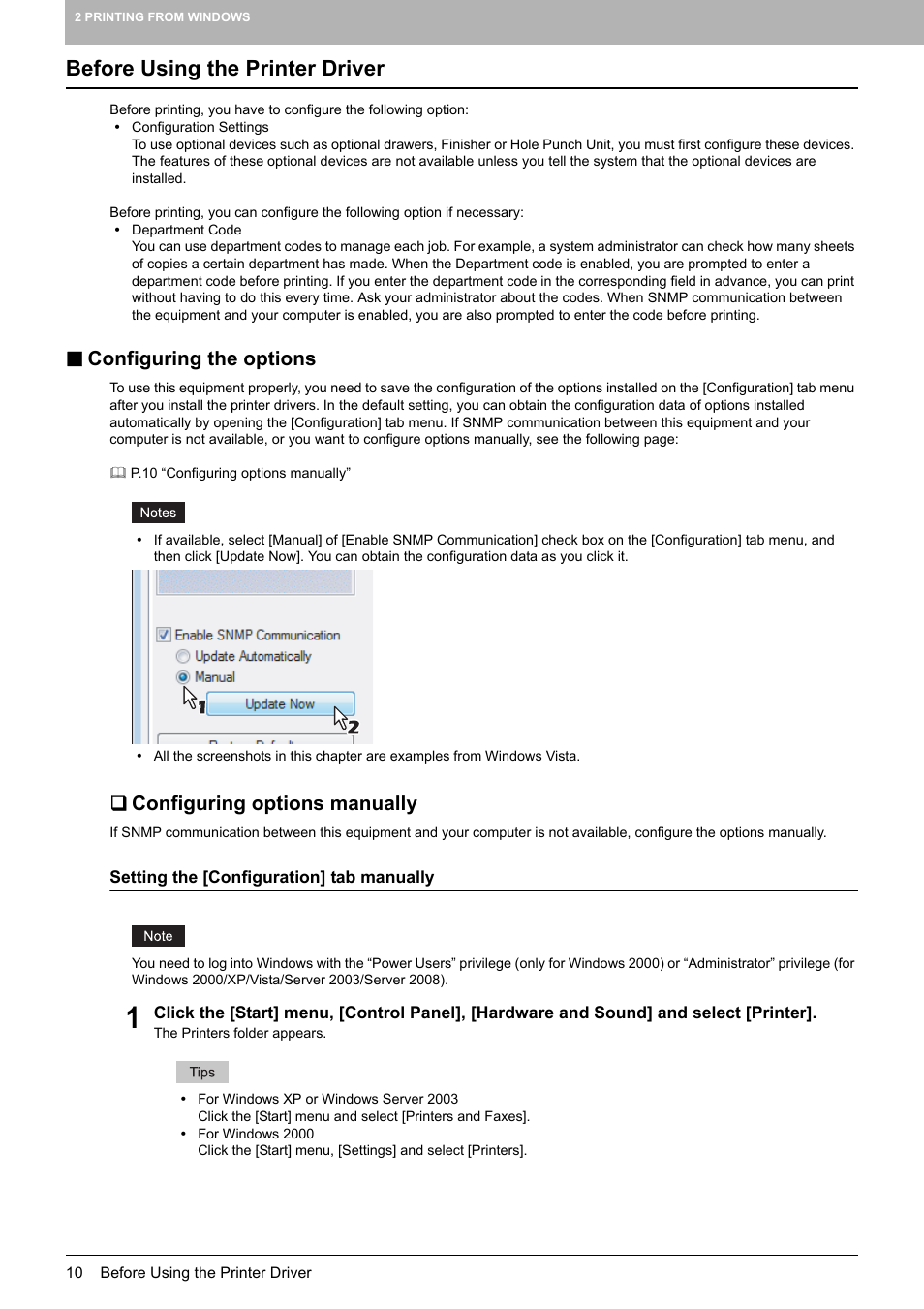 Before using the printer driver, Configuring the options, Configuring options manually | Toshiba 255 User Manual | Page 12 / 168