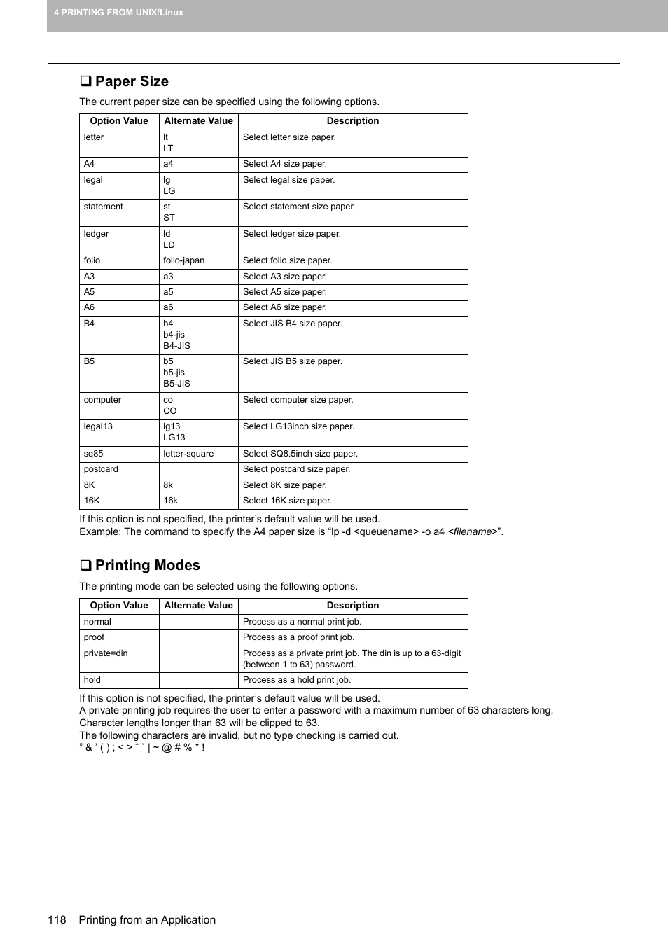 Paper size, Printing modes | Toshiba 255 User Manual | Page 120 / 168