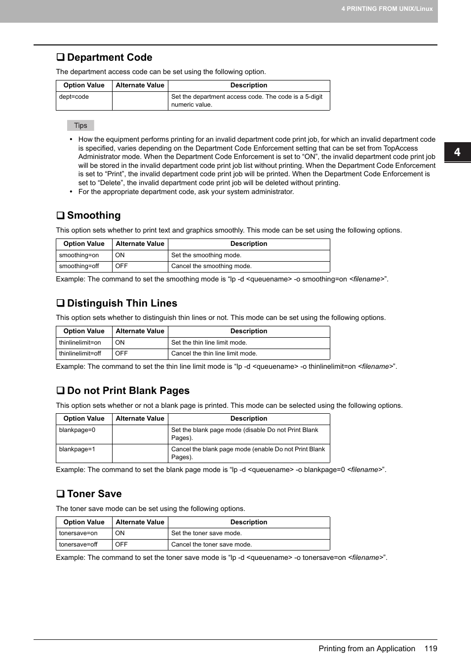 Department code, Smoothing, Distinguish thin lines | Toner save, Do not print blank pages | Toshiba 255 User Manual | Page 121 / 168