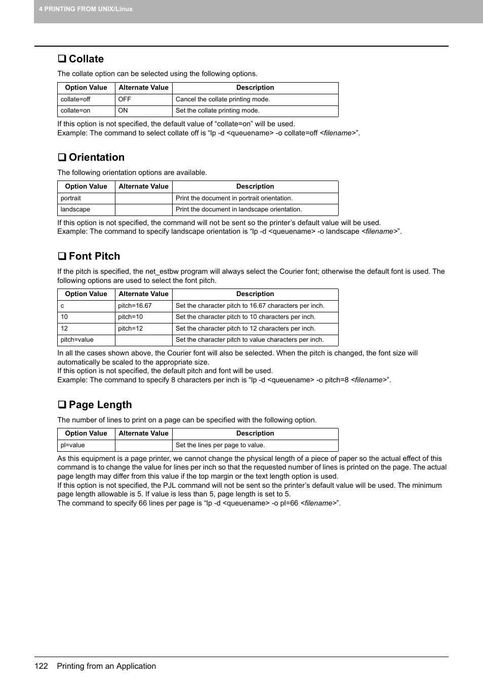 Collate, Orientation, Font pitch | Page length | Toshiba 255 User Manual | Page 124 / 168