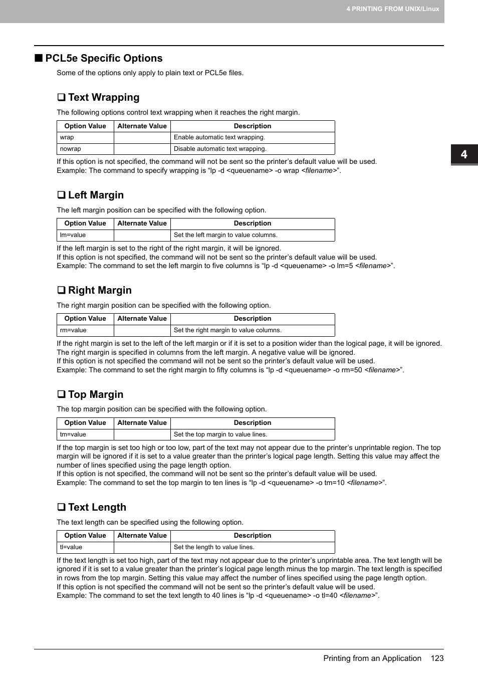 Pcl5e specific options, Text wrapping, Left margin | Right margin, Top margin, Text length | Toshiba 255 User Manual | Page 125 / 168