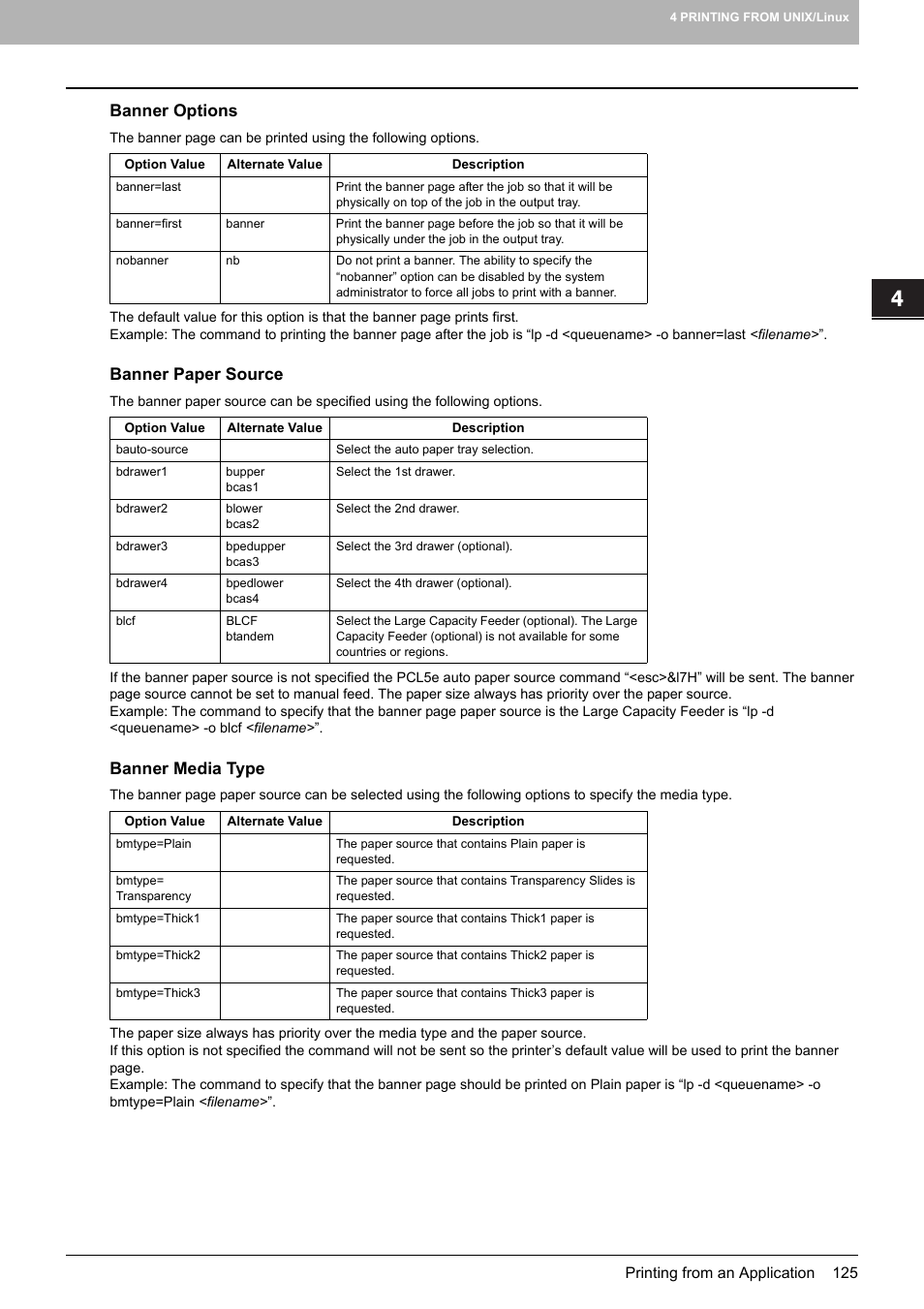 Banner options, Banner paper source, Banner media type | Toshiba 255 User Manual | Page 127 / 168