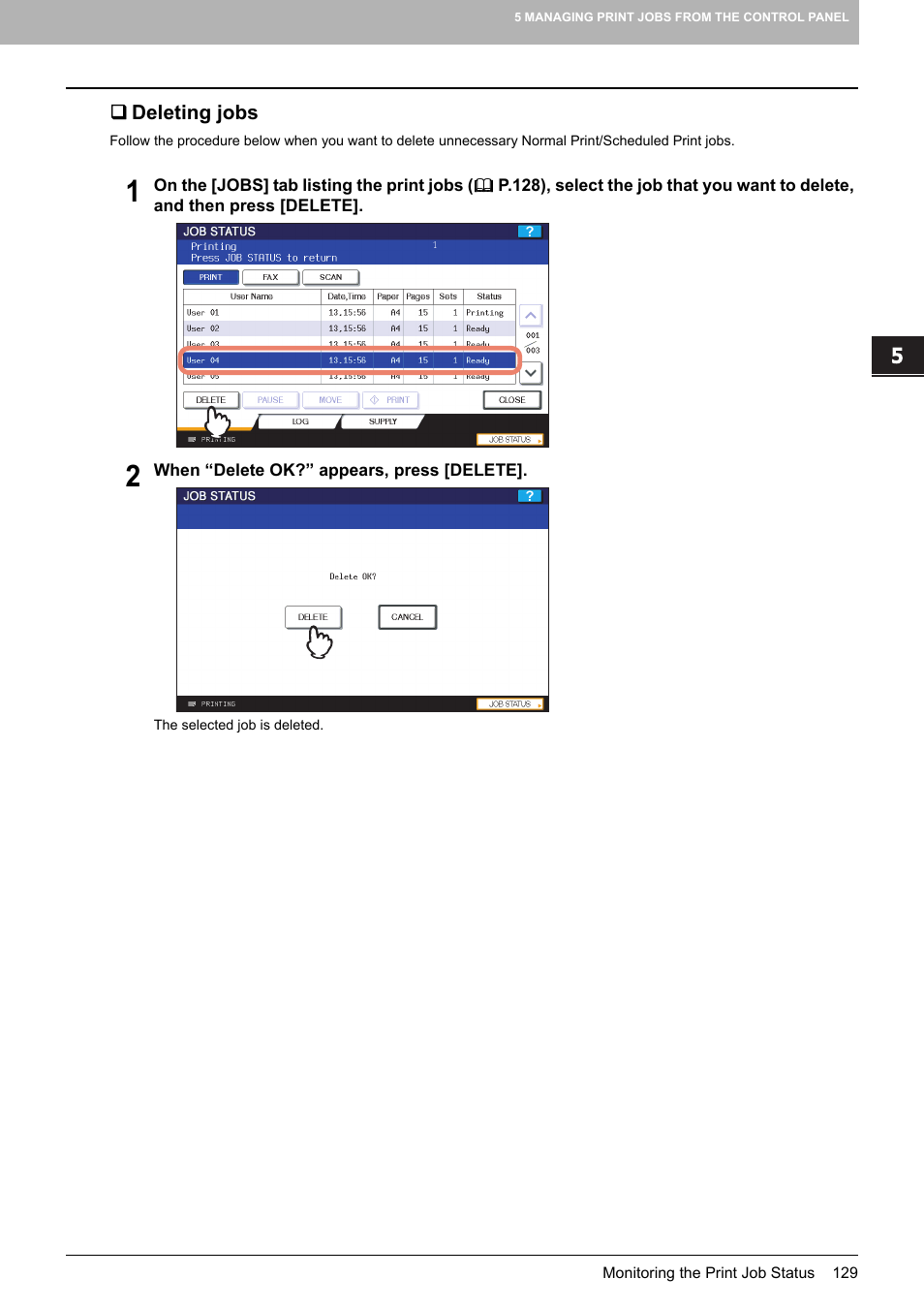 Deleting jobs | Toshiba 255 User Manual | Page 131 / 168