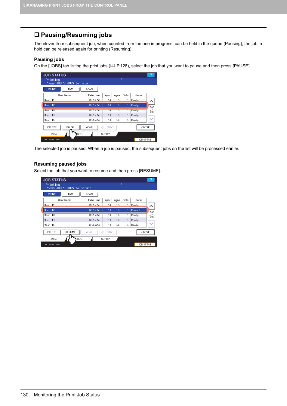 Pausing/resuming jobs | Toshiba 255 User Manual | Page 132 / 168