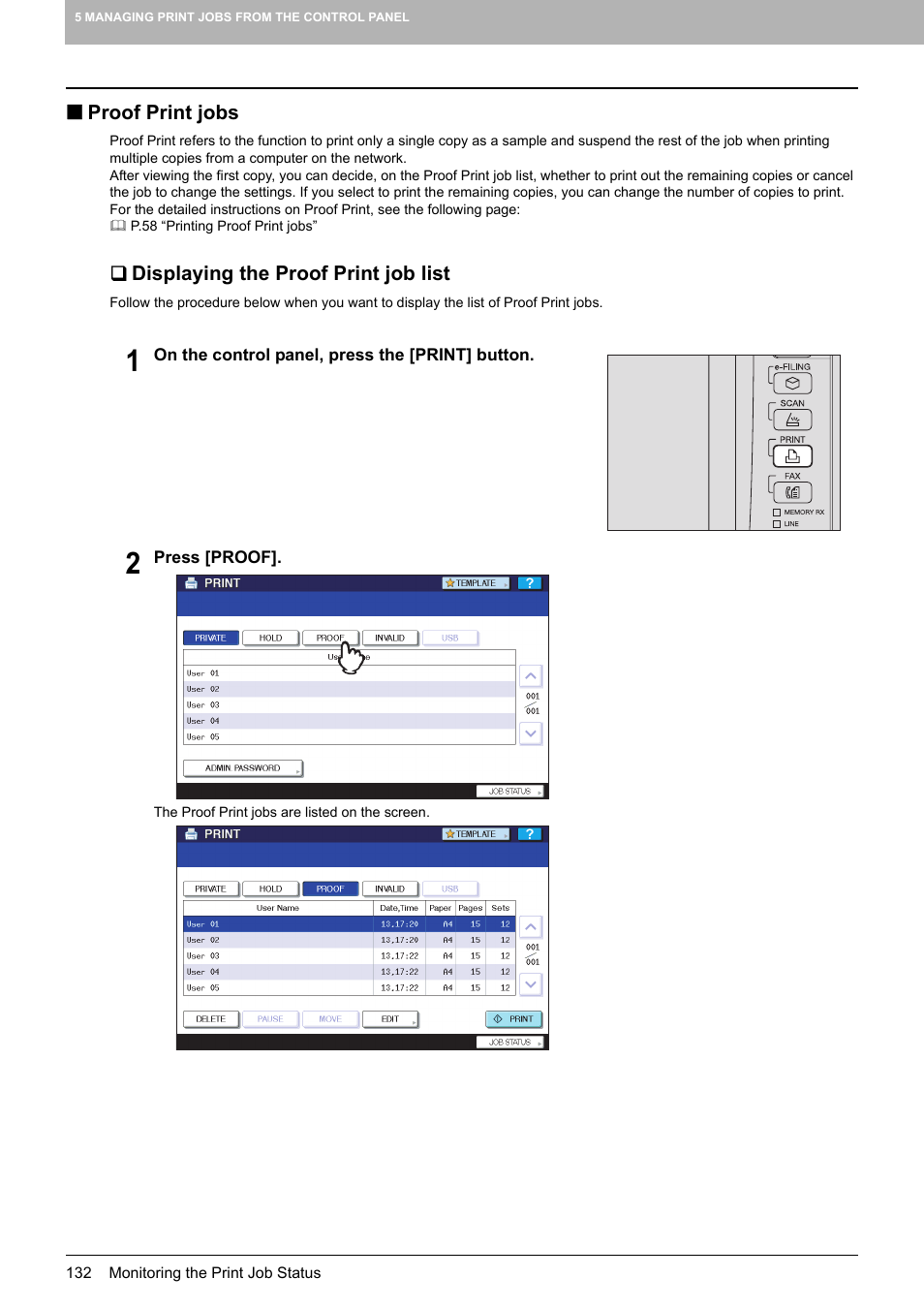 Proof print jobs, Displaying the proof print job list, P.132 “proof print jobs | Toshiba 255 User Manual | Page 134 / 168