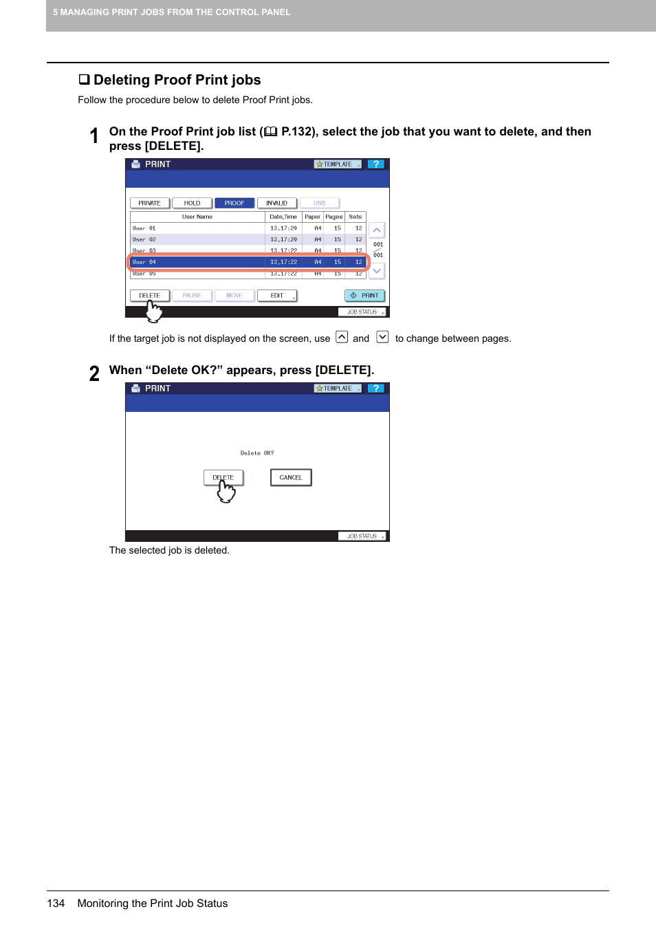 Deleting proof print jobs | Toshiba 255 User Manual | Page 136 / 168