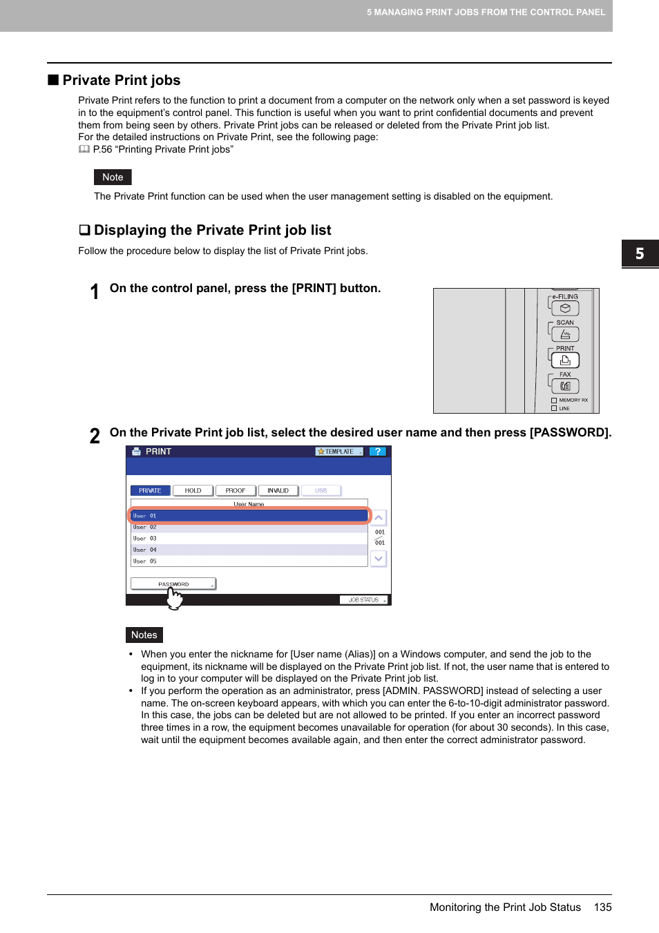 Private print jobs, Displaying the private print job list, P.135 “private print jobs | Toshiba 255 User Manual | Page 137 / 168