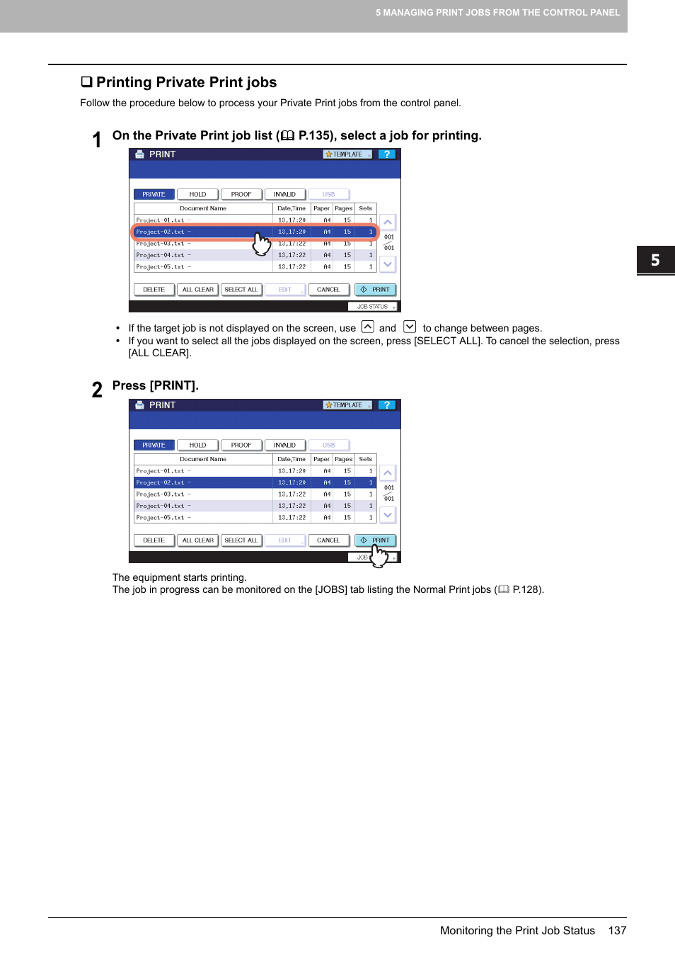 Printing private print jobs | Toshiba 255 User Manual | Page 139 / 168